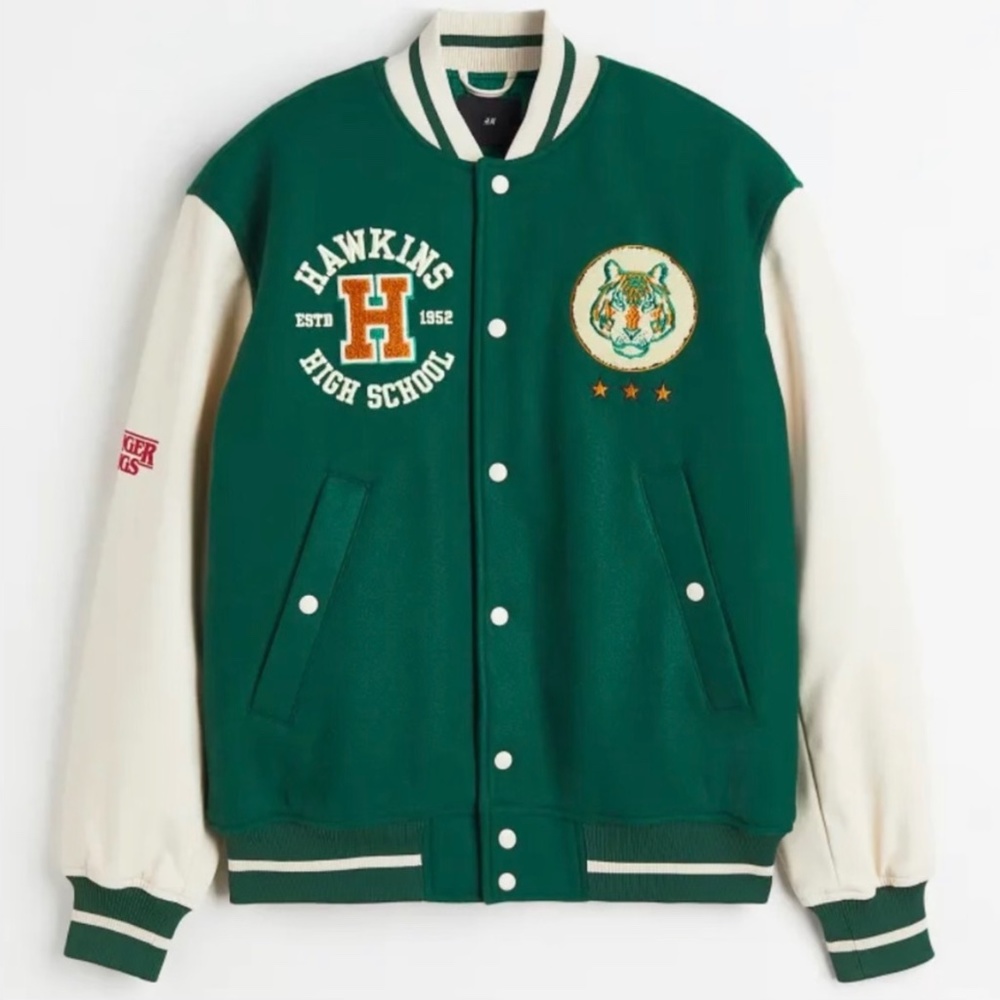 Stranger Things Hawkins High Letterman Varsity Jacket Tigers Leather/wool H&M